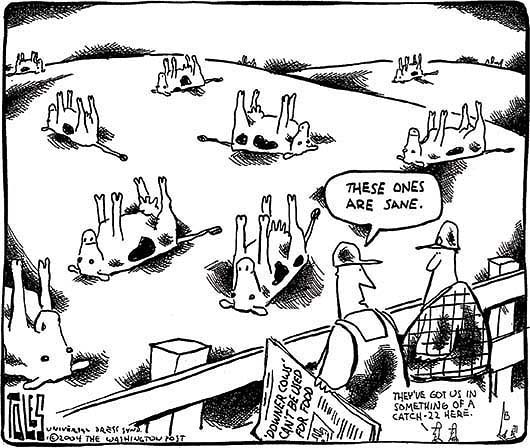 Political cartoonist TOLES of the Washington Post skewered mad cow disease on Jan. 1, 2004.