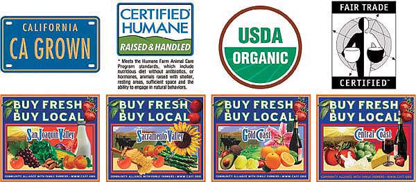 “Eco-labels” have grown in popularity as a way to provide consumers with information on how food was produced. Top, left to right, the “California Grown” campaign identifies crops and other goods produced in-state; the Humane Society of the United States partially funds a humane-farming certification; the USDA's organic seal is the most prominent eco-label in the United States; the “Fair Trade” label certifies that growers receive a fair price for crops and workers are paid a fair wage. Bottom, the Community Alliance with Family Farmers' “Buy Fresh, Buy Local” campaign highlights agricultural products from four different California growing regions.