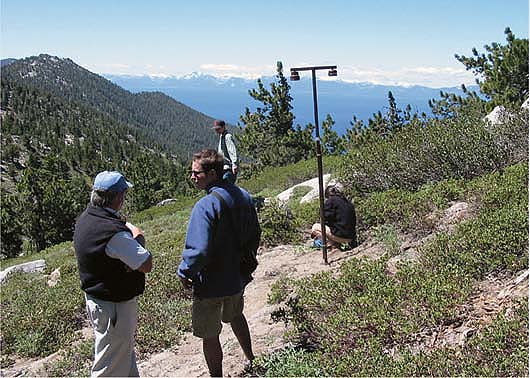 In 2002, scientists constructed passive samplers throughout the Tahoe Basin, including, above, on Diamond Peak, to measure 2-week average ozone and nitric acid concentrations. Air pollutants are believed to be an important contributor to Lake Tahoe's declining clarity.