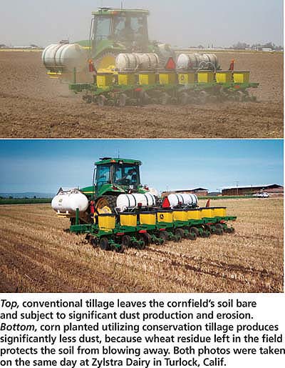Top, conventional tillage leaves the cornfield's soil bare and subject to significant dust production and erosion. Bottom, corn planted utilizing conservation tillage produces significantly less dust, because wheat residue left in the field protects the soil from blowing away. Both photos were taken on the same day at Zylstra Dairy in Turlock, Calif.