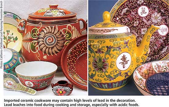 Imported ceramic cookware may contain high levels of lead in the decoration. Lead leaches into food during cooking and storage, especially with acidic foods.