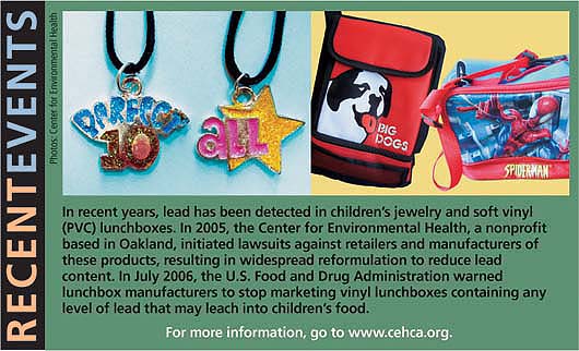 In recent years, lead has been detected in children's jewelery and soft vinyl (PVC) lunchboxes. In 2005, the Center for Environmental Health, a nonprofit based in Oakland, initiated lawsuits against retailers and manufacturers of these products, resulting in widespread reformulation to reduce lead content. In July 2006, the U.S. Food and Drug Administration warned lunchbox manufacturers to stop marketing vinyl lunchboxes containing any level of lead that may leach into children's food.