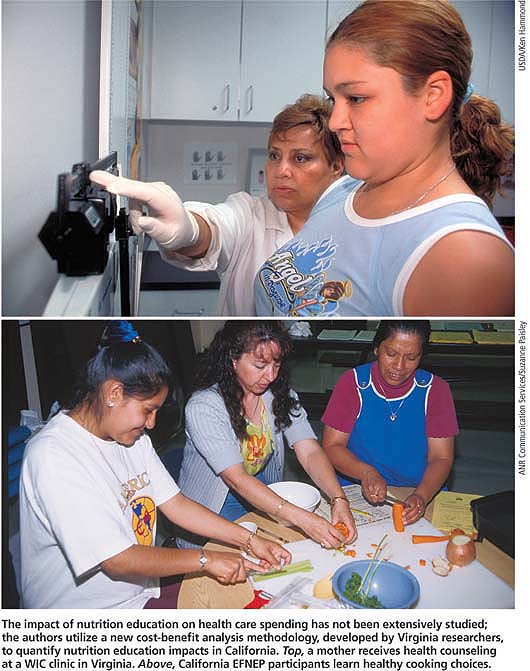The impact of nutrition education on health care spending has not been extensively studied; the authors utilize a new cost-benefit analysis methodology, developed by Virginia researchers, to quantify nutrition education impacts in California. Top, a mother receives health counseling at a WIC clinic in Virginia. Above, California EFNEP participants learn healthy cooking choices.
