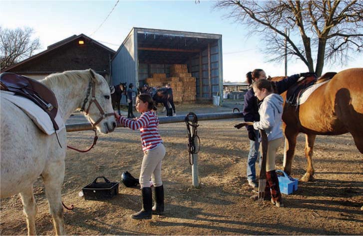 If the trend toward large bales continues, equestrians may be forced to pay higher prices as the supply of small bales declines. Above, girls prepare for a lesson at the UC Davis Equestrian Center.