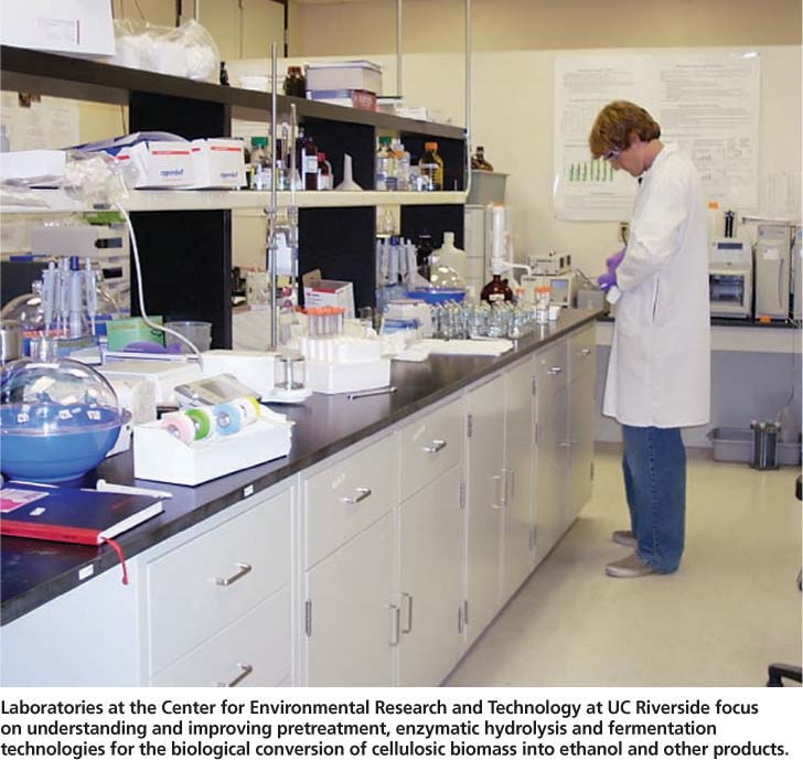 Laboratories at the Center for Environmental Research and Technology at UC Riverside focus on understanding and improving pretreatment, enzymatic hydrolysis and fermentation technologies for the biological conversion of cellulosic biomass into ethanol and other products.