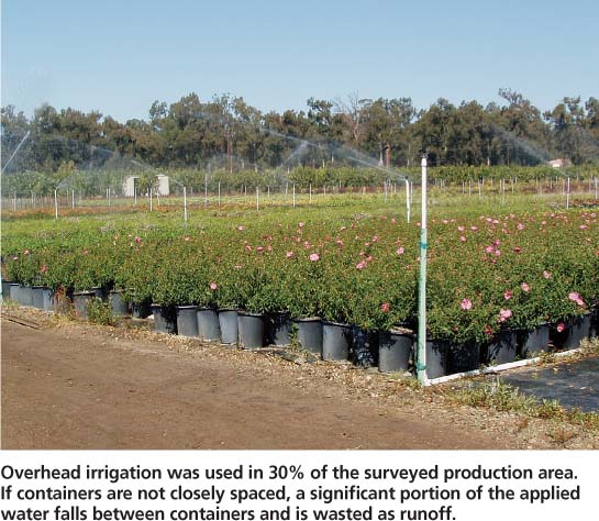 Overhead irrigation was used in 30% of the surveyed production area. if containers are not closely spaced, a significant portion of the applied water falls between containers and is wasted as runoff.