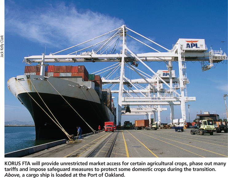 KORUS FTA will provide unrestricted market access for certain agricultural crops, phase out many tariffs and impose safeguard measures to protect some domestic crops during the transition. Above, a cargo ship is loaded at the Port of Oakland.
