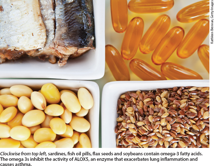 Clockwise from top left, sardines, fish oil pills, flax seeds and soybeans contain omega-3 fatty acids. The omega 3s inhibit the activity of ALOX5, an enzyme that exacerbates lung inflammation and causes asthma.