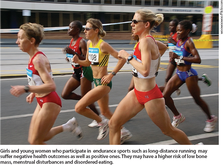Girls and young women who participate in endurance sports such as long-distance running may suffer negative health outcomes as well as positive ones. They may have a higher risk of low bone mass, menstrual disturbances and disordered eating.