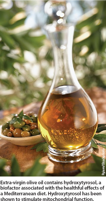 Extra-virgin olive oil contains hydroxytyrosol, a biofactor associated with the healthful effects of a Mediterranean diet. Hydroxytyrosol has been shown to stimulate mitochondrial function.