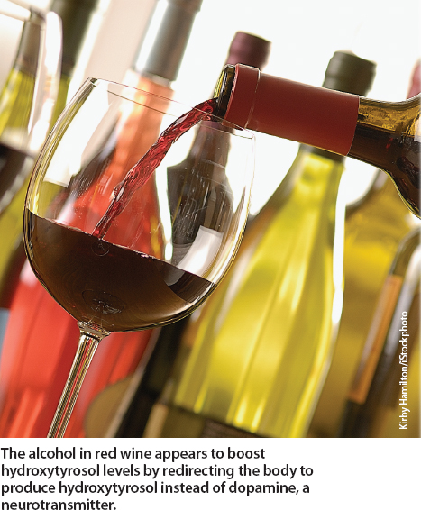 The alcohol in red wine appears to boost hydroxytyrosol levels by redirecting the body to produce hydroxytyrosol instead of dopamine, a neurotransmitter.