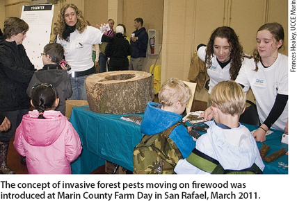 The concept of invasive forest pests moving on firewood was introduced at Marin County Farm Day in San Rafael, March 2011.