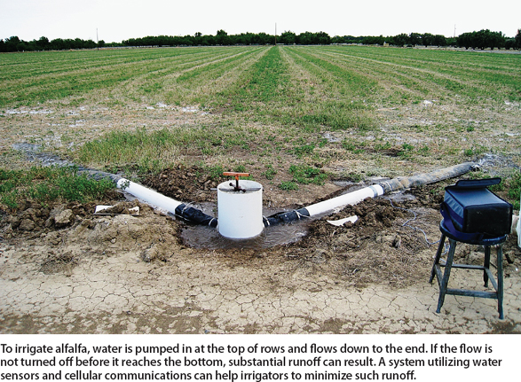 To irrigate alfalfa, water is pumped in at the top of rows and flows down to the end. If the flow is not turned off before it reaches the bottom, substantial runoff can result. A system utilizing water sensors and cellular communications can help irrigators to minimize such runoff.