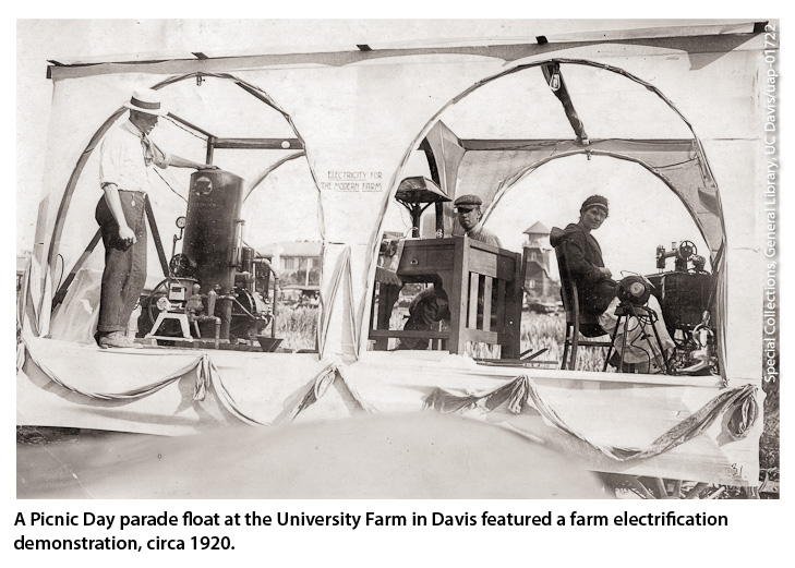 A Picnic Day parade float at the University Farm in Davis featured a farm electrification demonstration, circa 1920.