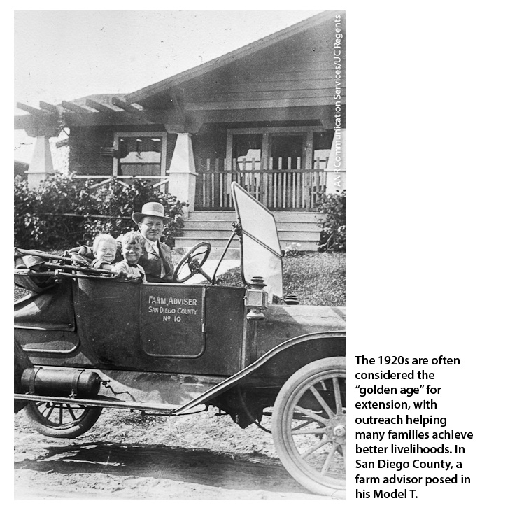 The 1920s are often considered the “golden age” for extension, with outreach helping many families achieve better livelihoods. In San Diego County, a farm advisor posed in his Model T.