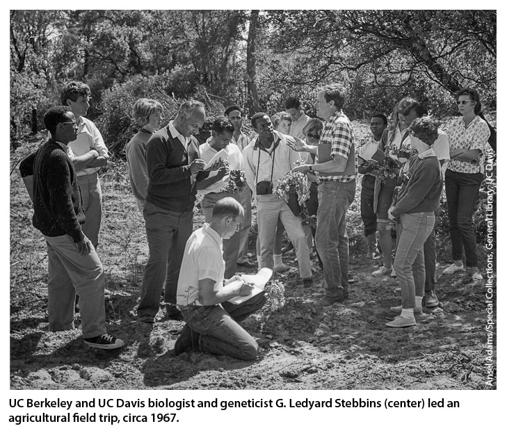 UC Berkeley and UC Davis biologist and geneticist G. Ledyard Stebbins (center) led an agricultural field trip, circa 1967.