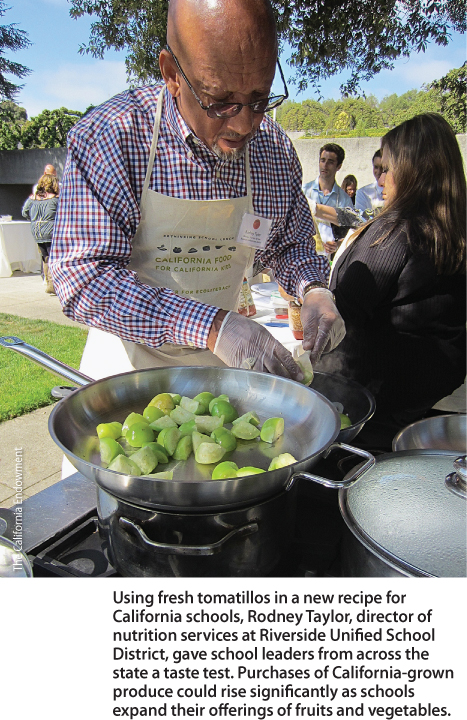 Using fresh tomatillos in a new recipe for California schools, Rodney Taylor, director of nutrition services at Riverside Unified School District, gave school leaders from across the state a taste test. Purchases of California-grown produce could rise significantly as schools expand their offerings of fruits and vegetables.
