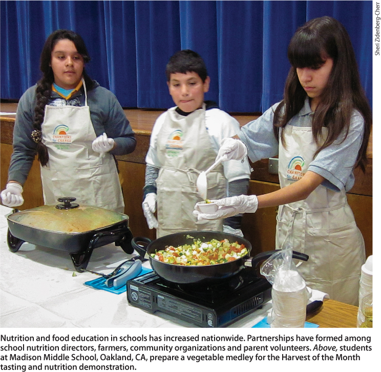 Nutrition and food education in schools has increased nationwide. Partnerships have formed among school nutrition directors, farmers, community organizations and parent volunteers. Above, students at Madison Middle School, Oakland, CA, prepare a vegetable medley for the Harvest of the Month tasting and nutrition demonstration.
