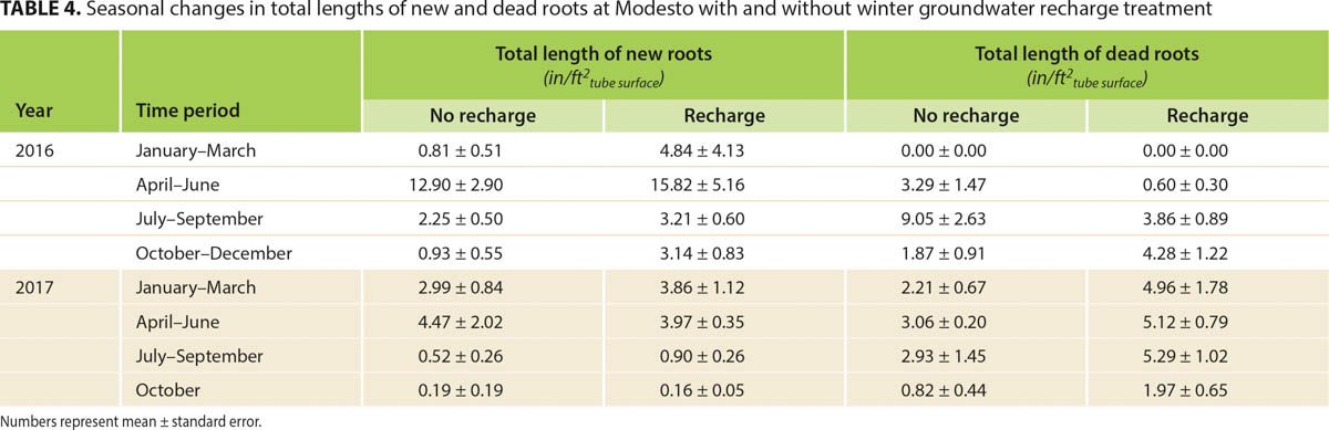 Seasonal changes in total lengths of new and dead roots at Modesto with and without winter groundwater recharge treatment