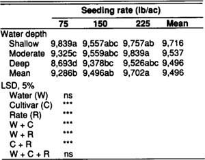 Effect of seeding rate and water depth on yield for six rice cultivars