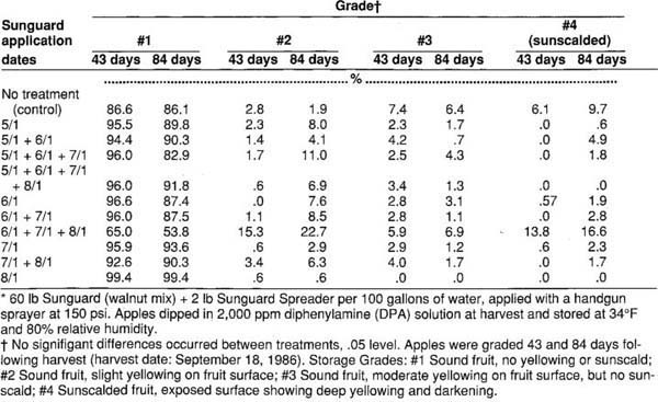 Effect following two storage periods of in-season, topically applied Sunguard on delayed sunscald of Granny Smith apples graded #1 at harvest, Lindsay, California, 1986*