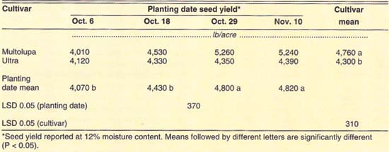 Seed yield from four planting dates of two irrigated white lupin cultivars inoculated with Rhizobium lupini, UC Davis, 1986/87