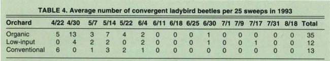Average number of convergent ladybird beetles per 25 sweeps in 1993
