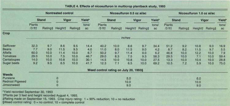 Effects of nicosulfuron in multicrop plantback study, 1993