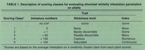 Description of scoring classes for evaluating silverleaf whitefly infestation parameters on alfalfa