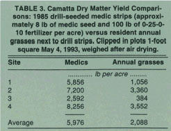 Camatta Dry Matter Yield Comparisons: 1985 drill-seeded medic strips (approximately 8 lb of medic seed and 100 lb of 0-25-0-10 fertilizer per acre) versus resident annual grasses next to drill strips. Clipped in plots 1-foot square May 4, 1993, weighed after air drying.