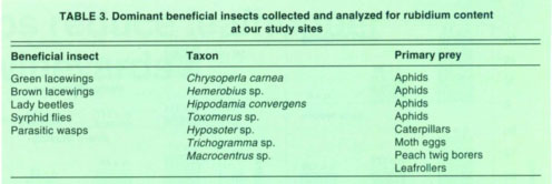 Dominant beneficial insects collected and analyzed for rubidium content at our study sites