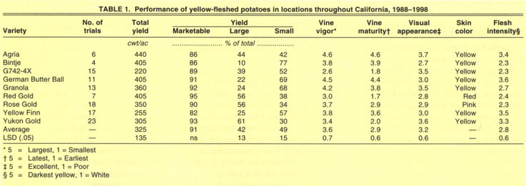 Performance of yellow-fleshed potatoes in locations throughout California, 1988-1998