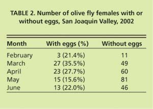 Number of olive fly females with or without eggs, San Joaquin Valley, 2002