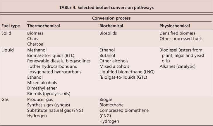 Selected biofuel conversion pathways