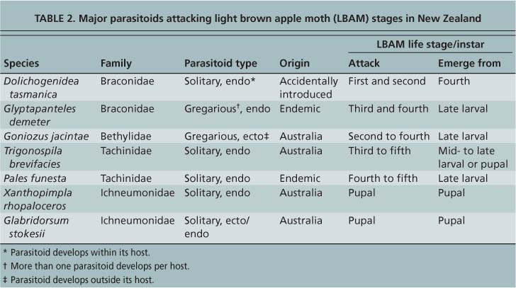 Major parasitoids attacking light brown apple moth (LBAM) stages in New Zealand