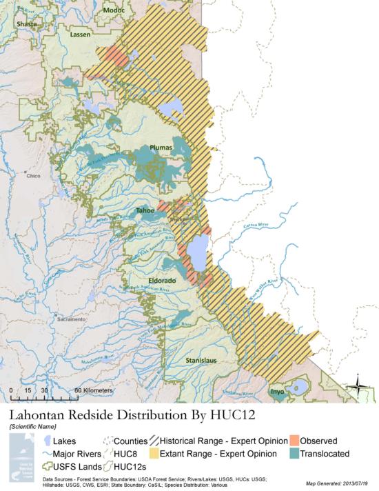 Lahontan redside distribution map, available on the PISCES Database Website.