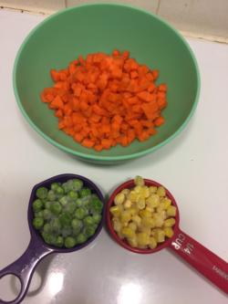 1 medium carrot (peeled and diced), 1/4 cup peas, 1/4 cup corn