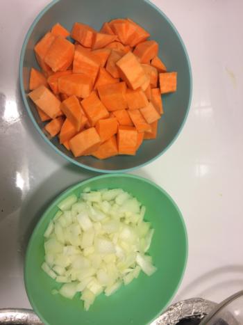 Sweet potatoes and 1/2 of a large onion (diced)