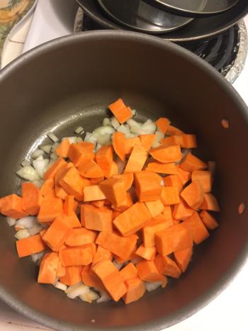Add sweet potatoes and onions