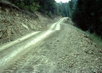 Rolling dip, mid-picture, on an out-sloped road. Source: Bill Weaver, Pacific Watershed Associates.