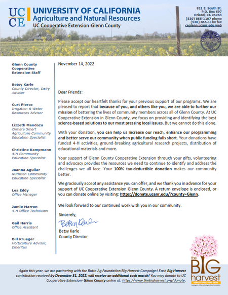 UC Cooperative Extension Glenn County Donor Letter 2022-2023