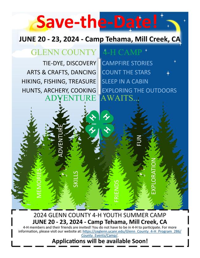 Glenn County 4-H Camp Promotional Flyer 2024 Save the Date!