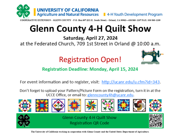 Glenn County 4-H Quilt Show Registration Available Postcard 2024