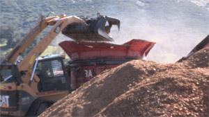 Photo of bucket tractor loading logs into tub grinder