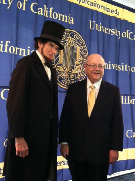 Abraham Lincoln, portrayed by Sonoma County teacher Roger Vincent, and UC President Mark Yudof.
