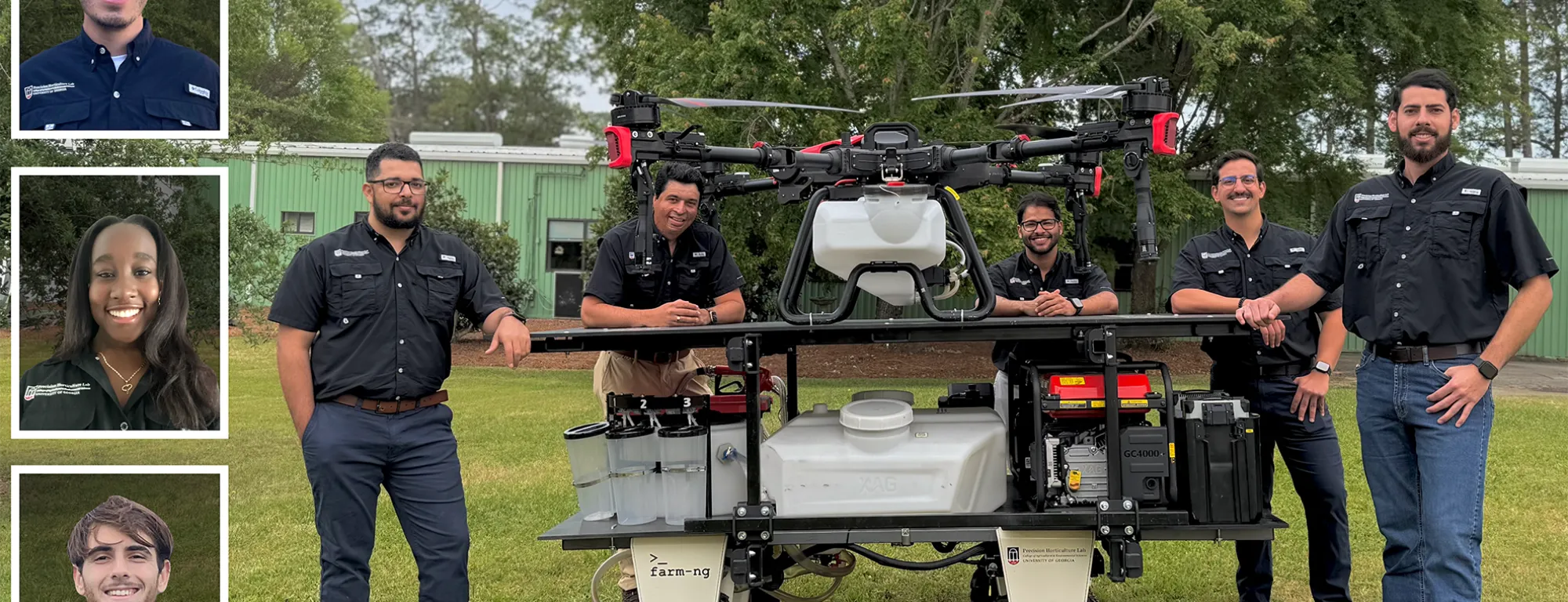 Five guys stand around a spray drone on an equipment stand. Headshots of a woman and two men are on the left side.