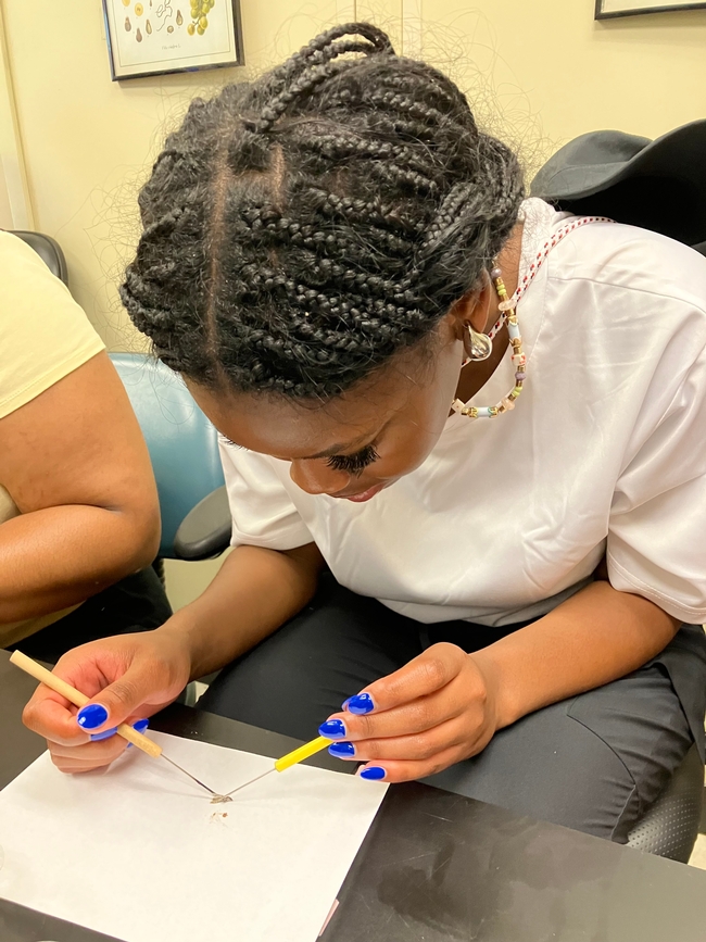 A young Black woman leans down over a navel orangeworm moth on a white piece of paper. Over the bug, she holds a dissection tool in each manicured hand with cobalt blue fingernails.