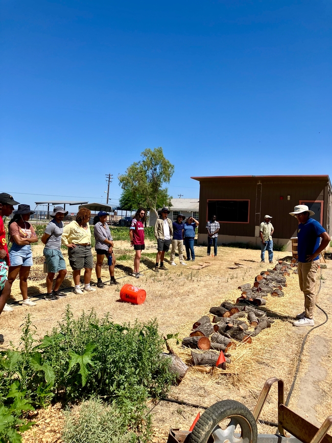 The group stands along a row of tree branches cut into short logs as Chandrachood speaks.