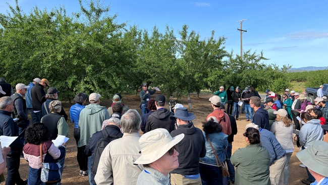 Duncan speaks to a large crowd in an orchard.