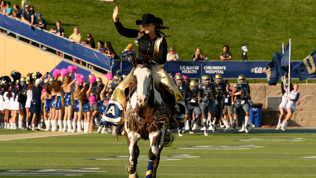 Cowgirl rides horse onto football field with cheerleaders and football players in background